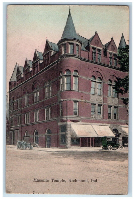1911 Masonic Temple Building Stores Cars Richmond Indiana IN Antique Postcard