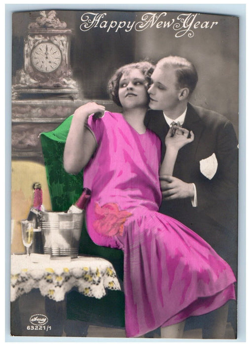 c1910's Happy New Year Sweet Couple Romance Champagne Clock RPPC Photo Postcard