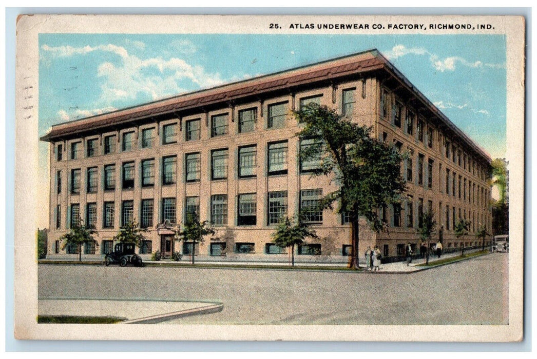 1929 Atlas Underwear Co. Factory Building Car Richmond Indiana IN Postcard