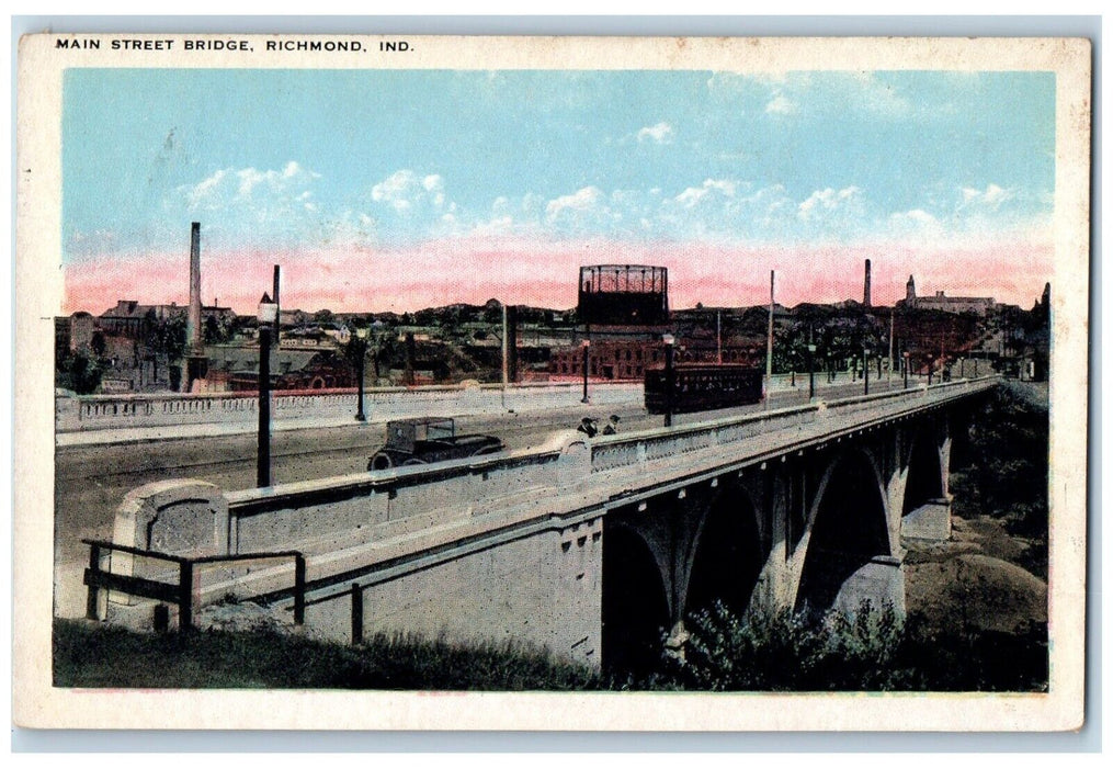 c1920's Main Street Bridge Trolley Car Richmond Indiana IN Vintage Postcard