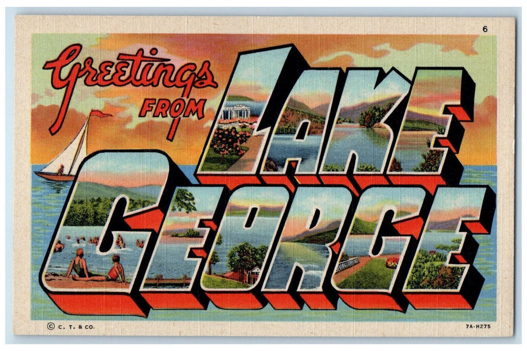 c1950's Greetings from Lake George New York NY Large Letter Multiview Postcard