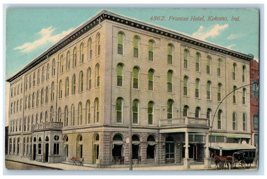 c1910 Frances Hotel Entrance Kokomo Indiana IN Horse Carriage Postcard