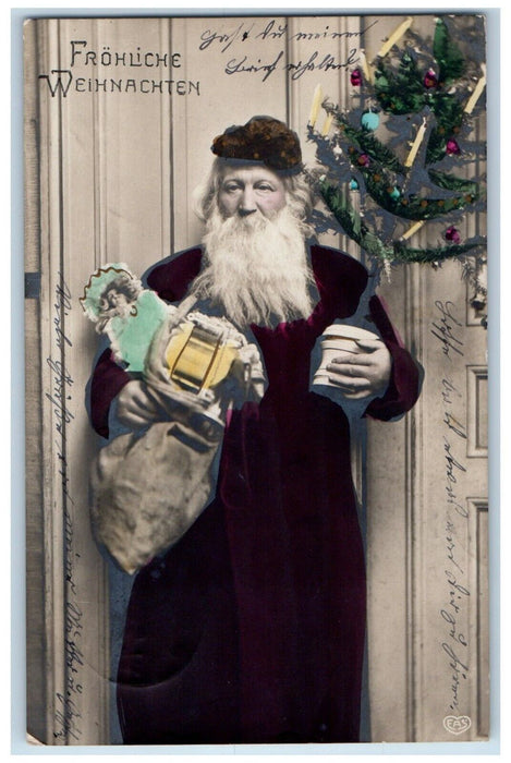 c1910's Merry Christmas Santa Claus With Toys Tinted Antique RPPC Photo Postcard