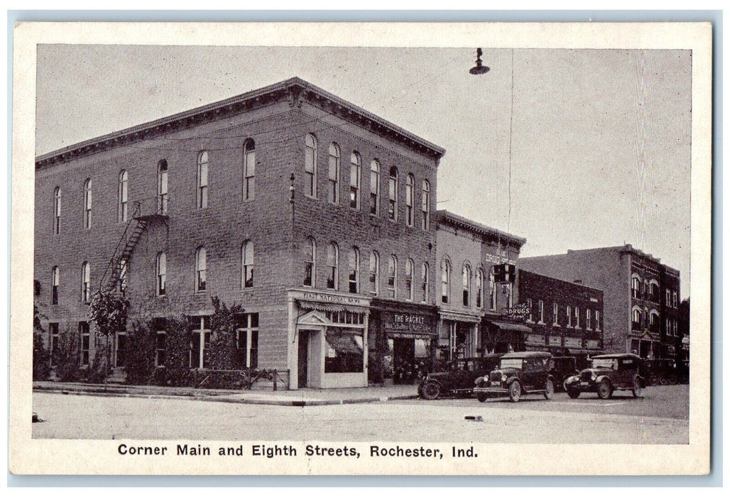 c1930's Corner Main And Eights Streets Cars Rochester Indiana IN Postcard