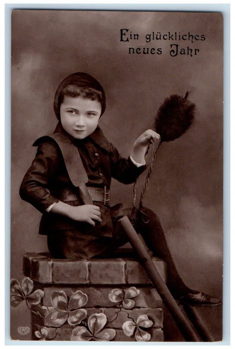 New Year Chimney Sweep Cute Girl Shamrock Studio Portrait RPPC Photo Postcard