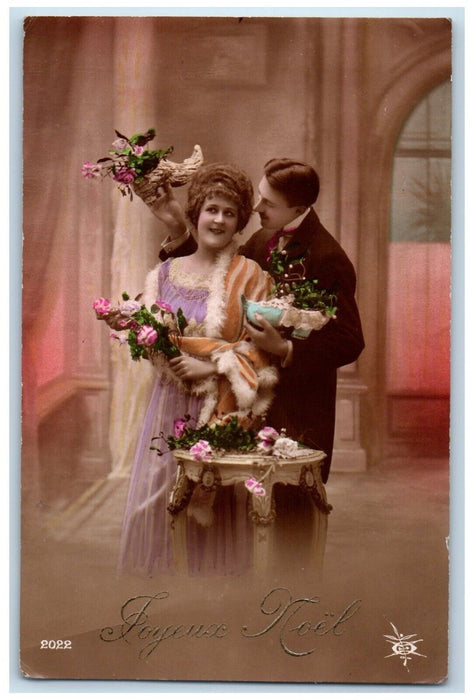 c1910's Happy New Year Couple Holding Cornucopia Flowers RPPC Photo Postcard