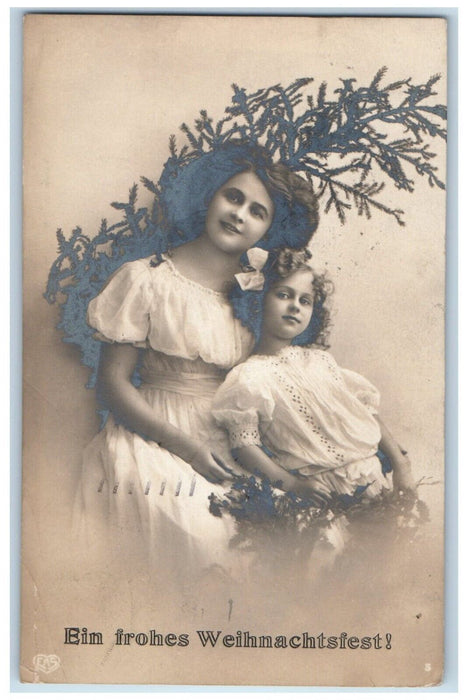 c1910's Merry Christmas Mother And Daughter RPPC Photo Posted Antique Postcard