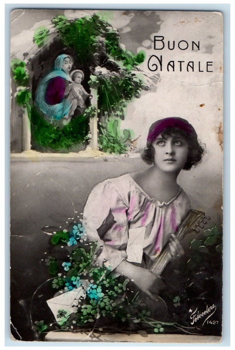 c1910's Merry Christmas Woman Guitar Pansies Flowers RPPC Photo Italy Postcard