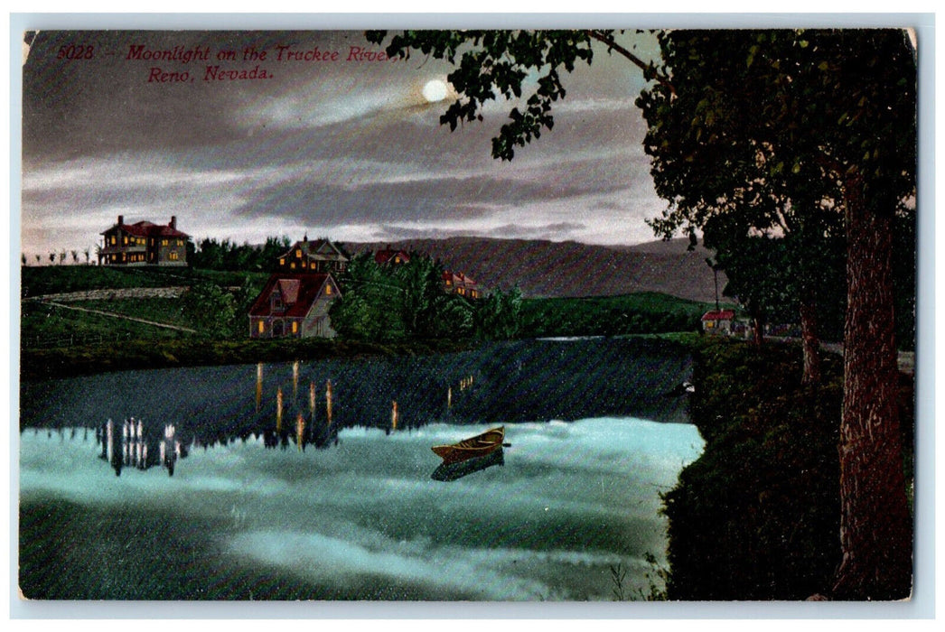 c1910 Moonlight Scene Boat on the Truckee River Reno Nevada NV Postcard