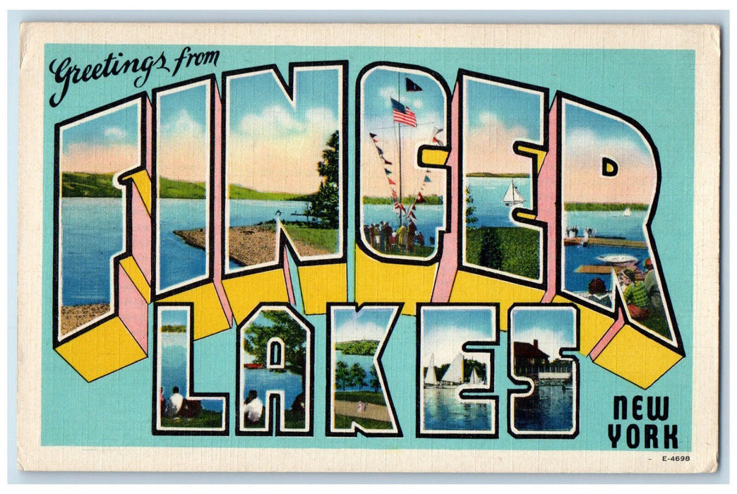 c1950s Greetings from Finger Lakes NY Large Letter Multiview Light Blue Postcard