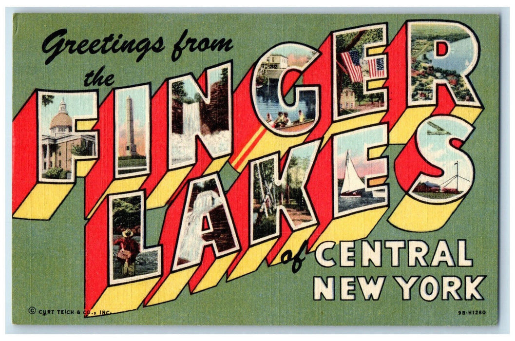 c1950s Greetings from Finger Lakes of Central NY Large Letter Green Postcard