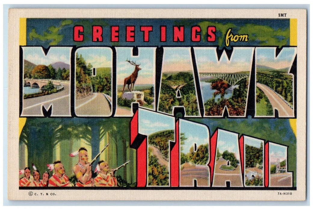 c1940's Greetings from Mohawk Trail Large Letter Tribe Multiview NY Postcard