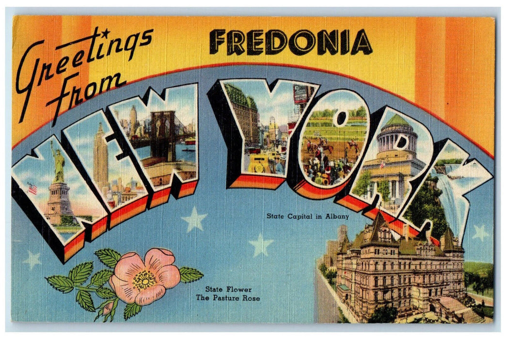 c1940's Greetings from Fredonia NY Large Letter Multiview Flower Postcard