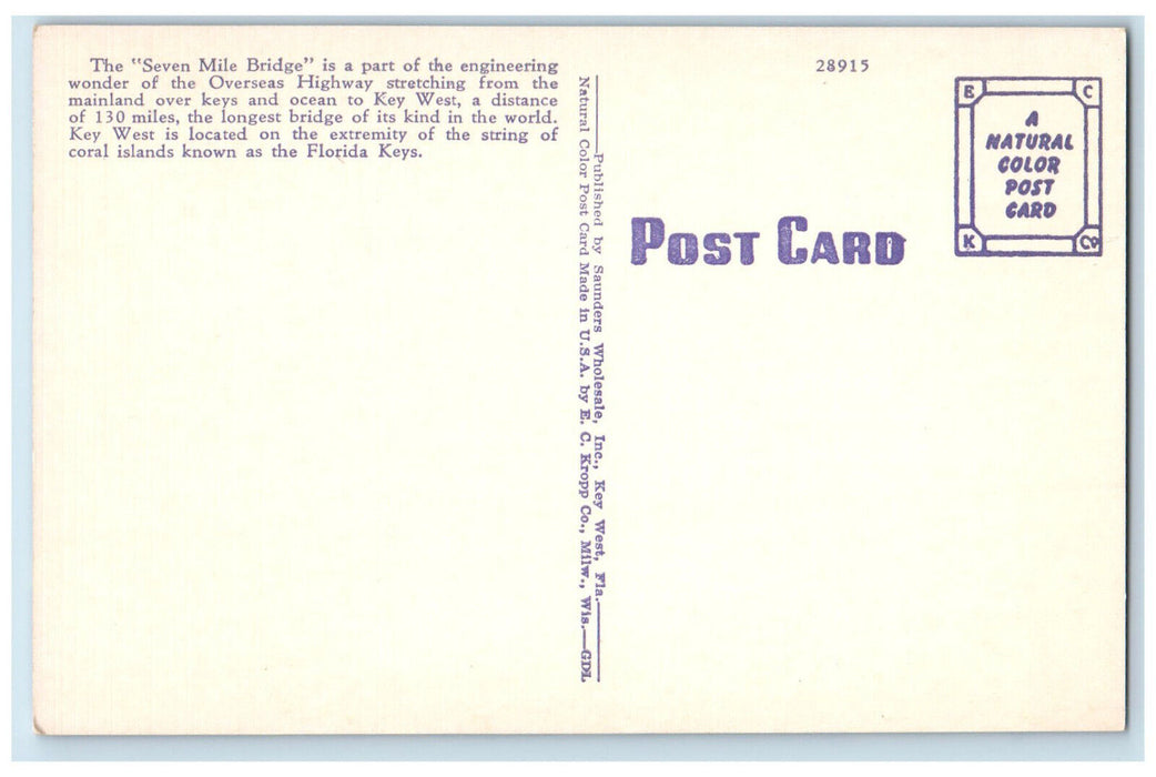 c1950's Seven Mile Bridge Between Key West and Mainland Florida FL Postcard