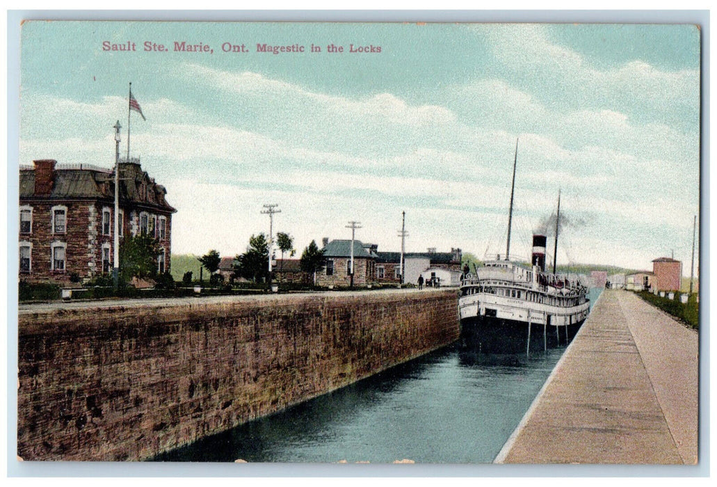 c1910 Magestic in the Locks Steamer Sault Ste Marie Ontario Canada Postcard