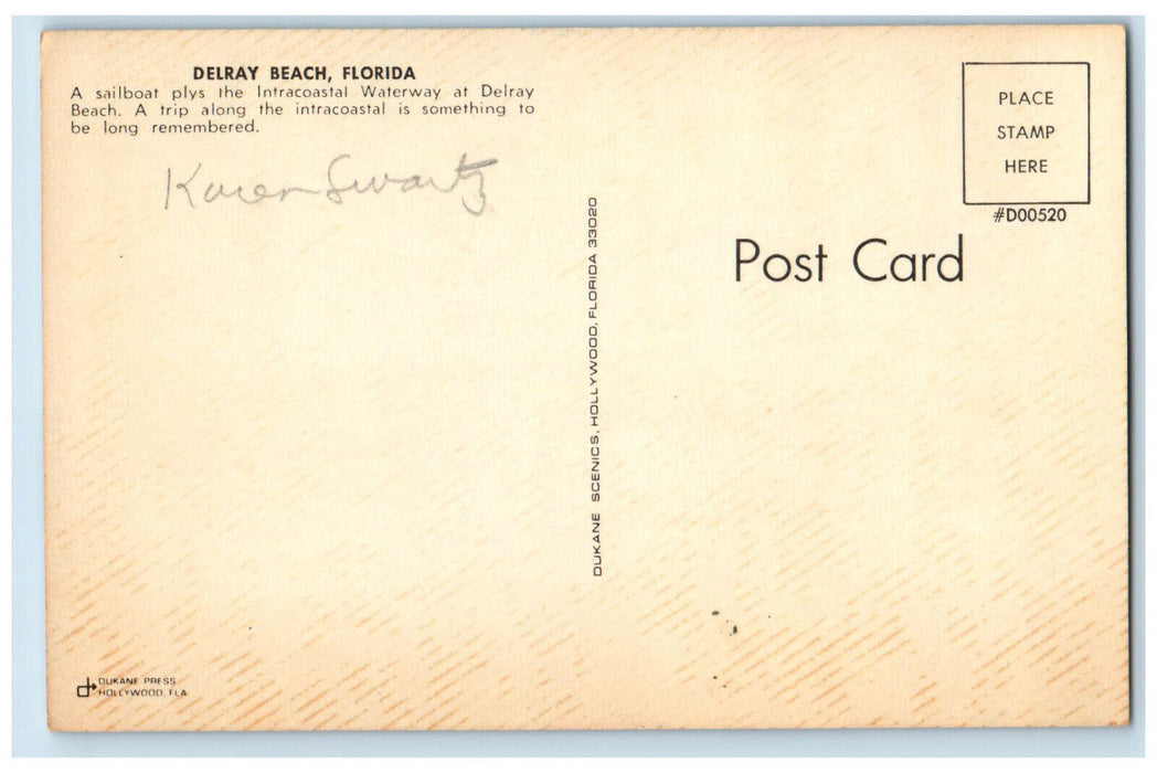 c1960's Sailboat Plys Intracoastal Waterway Delray Beach Florida FL Postcard