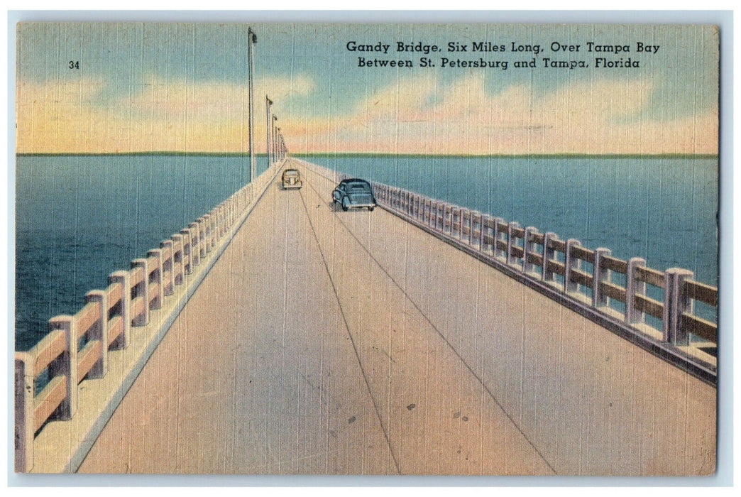 1945 Gandy Bridge Six Miles Long Over Tampa Bay Tampa Florida FL Postcard