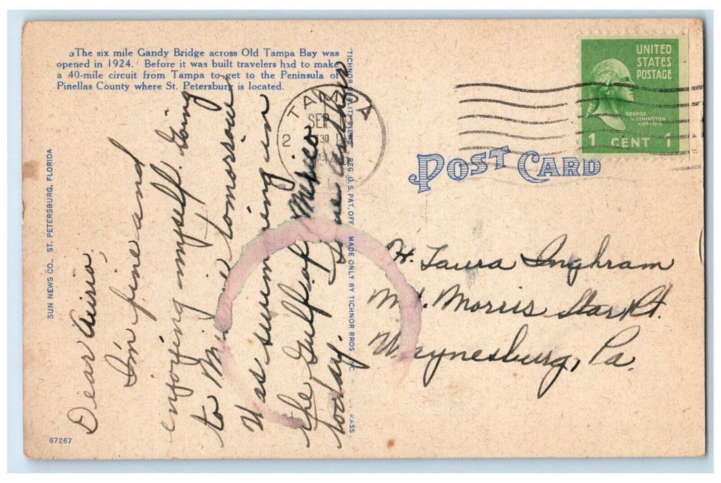 1945 Gandy Bridge Six Miles Long Over Tampa Bay Tampa Florida FL Postcard