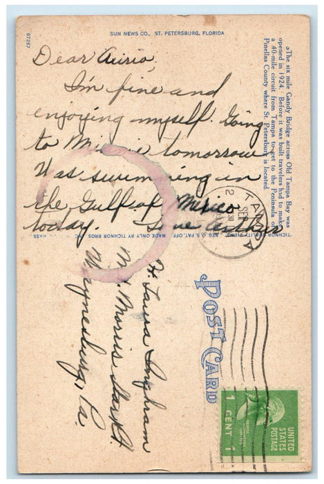 1945 Gandy Bridge Six Miles Long Over Tampa Bay Tampa Florida FL Postcard