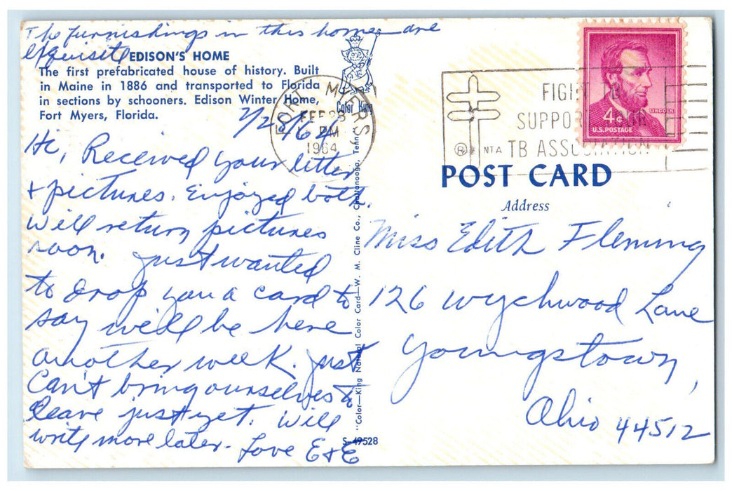 1964 Thomas A. Edison's Winter Home Fort Myers Florida FL Posted Postcard