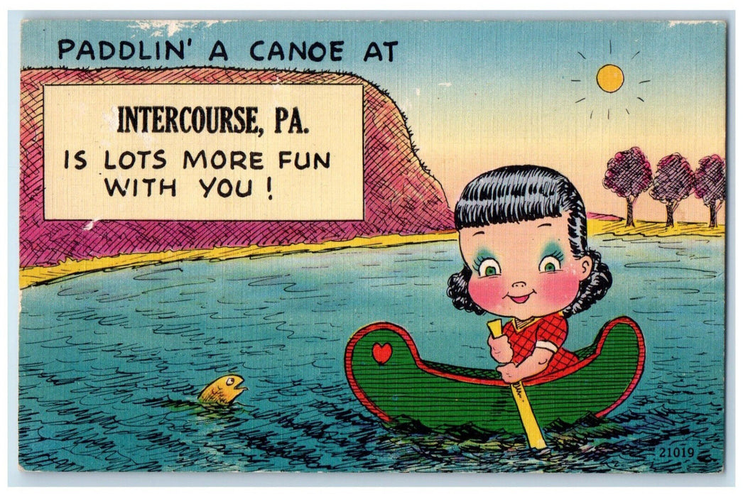 c1940's Paddling Canoe Woman Boat at Intercourse Pennsylvania PA Postcard