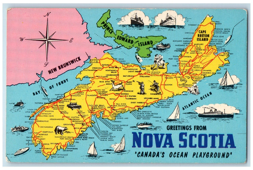 c1950's Map View Greetings from Nova Scotia Canada Unposted Vintage Postcard