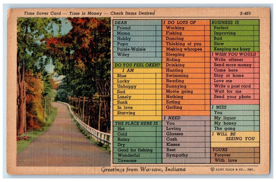 c1930's Greetings From Warsaw Indiana IN Correspondence Checklist Postcard