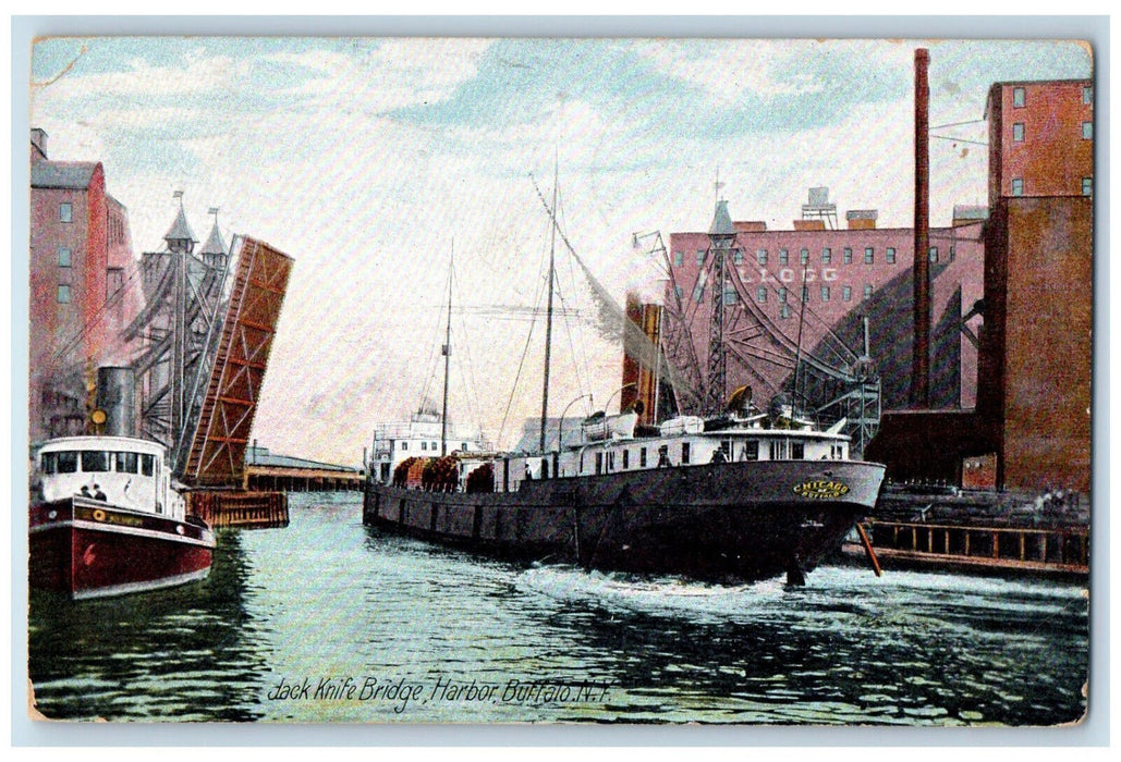 1908 Motor Boat Sailboat Jack Knife Bridge Harbor Buffalo New York NY Postcard