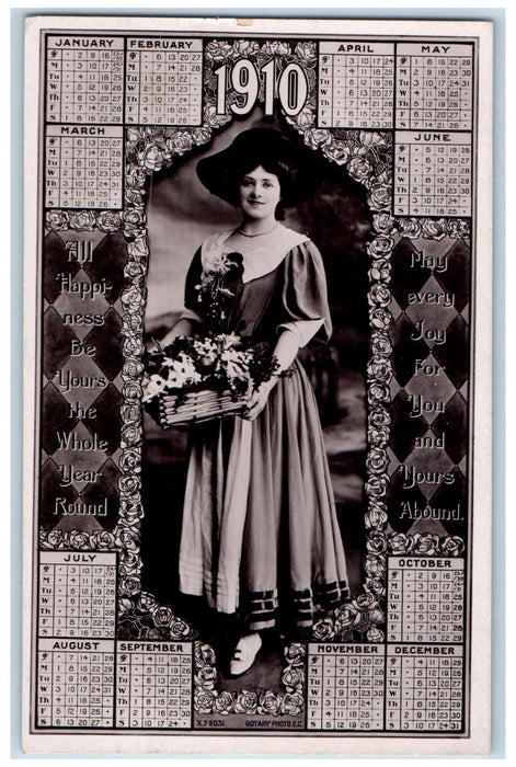 1909 Pretty Woman Flowers Basket Calendar Rotograph Buda IL RPPC Photo Postcard