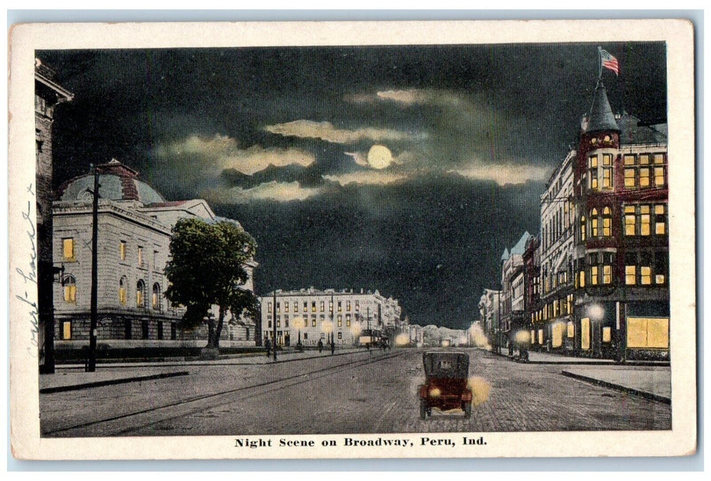 c1910's Night Scene On Broadway Car Moonlight Peru Indiana IN Antique Postcard