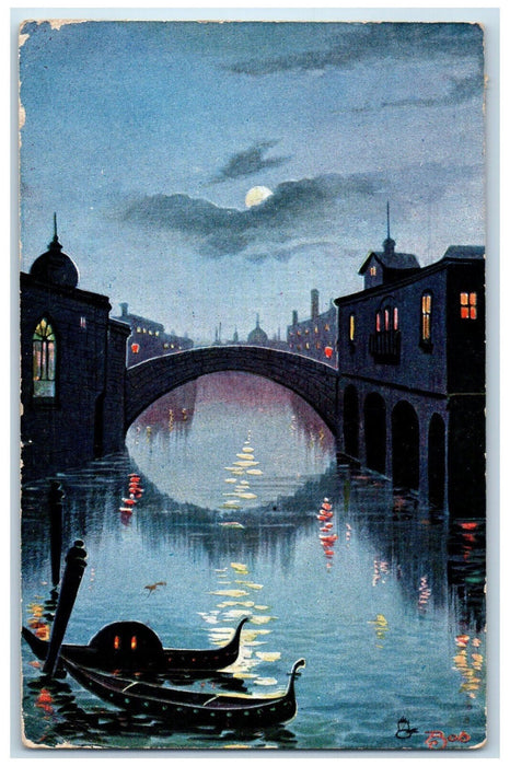 c1910 Boat in Moonlight Scene Venice Italy Antique Oilette Tuck Art Postcard