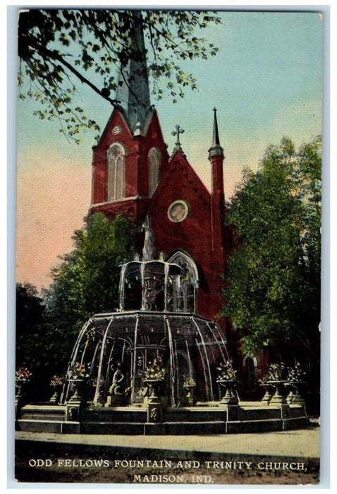 c1910 Odd Fellows Fountain and Trinity Church Madison Indiana IN Postcard
