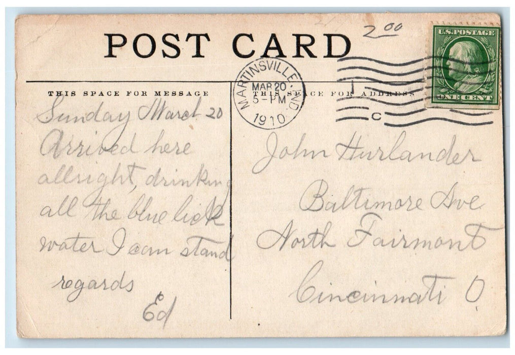 1910 The Colonial Sanatorium Martinsville Indiana IN Antique Posted Postcard