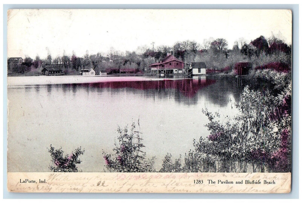 1907 The Pavilion and Bluffside Beach La Porte Indiana IN Missent Stamp Postcard