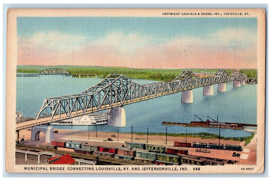 1945 Municipal Bridge Connecting Louisville KY Jeffersonville Indiana Postcard
