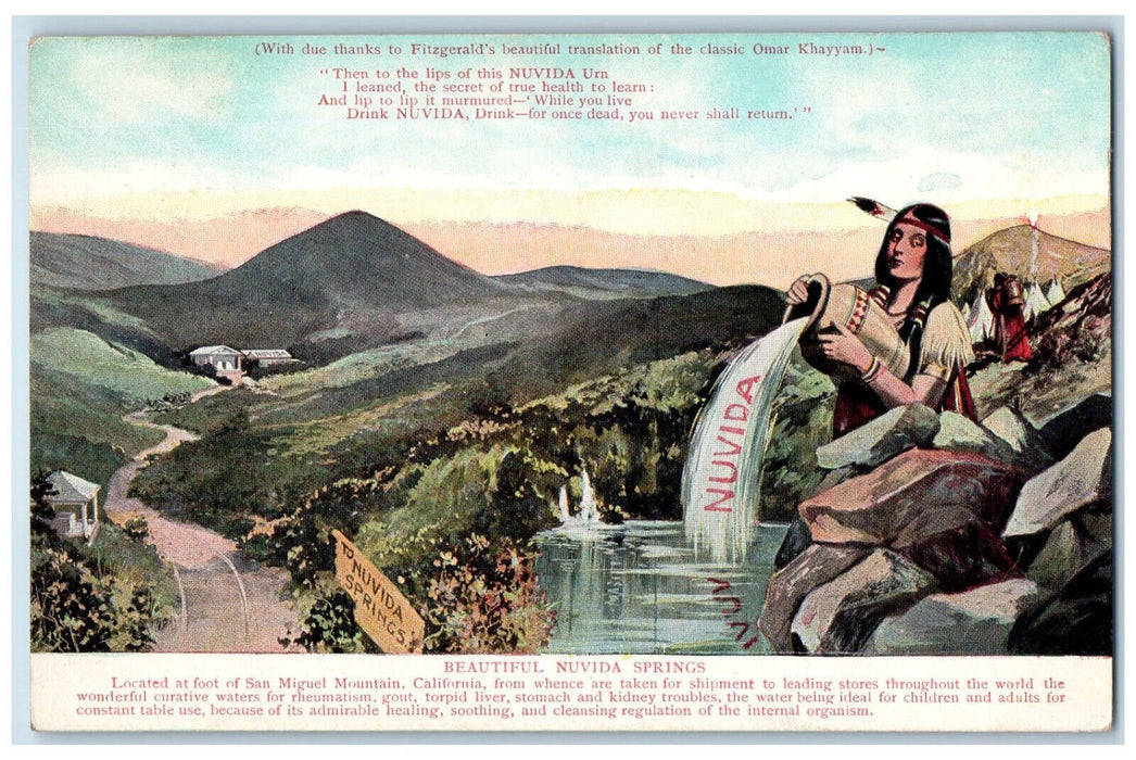 c1910 Indian Woman Jar Nuvida Springs San Miguel Mountain California CA Postcard
