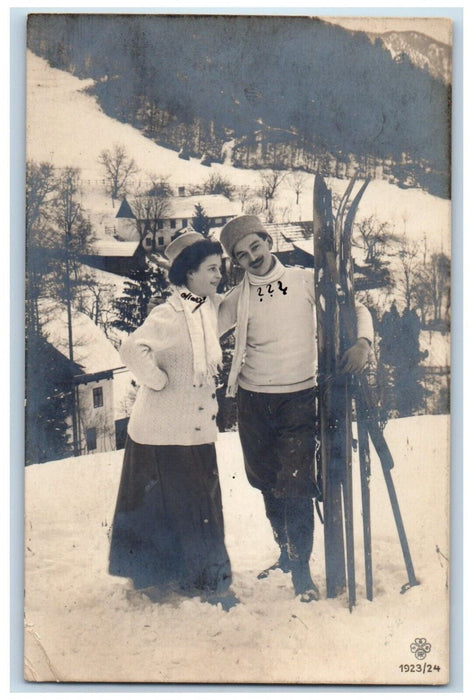 c1910's Couple Skiing Trip Winter Latvia Posted Antique RPPC Photo Postcard