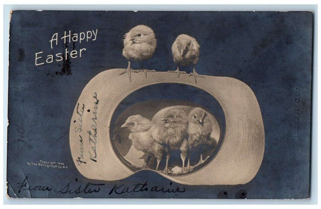 1907 Happy Easter Chicks In Hat Rotograph Waynesboro PA RPPC Photo Postcard
