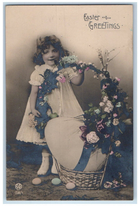 Easter Greetings Little Girl Gian Egg In Basket Flowers RPPC Photo Postcard