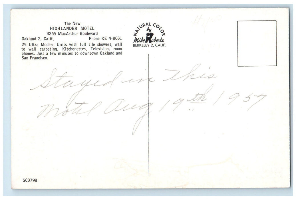 1957 The New Highlander Motel MacArthur Boulevard Oakland CA Postcard