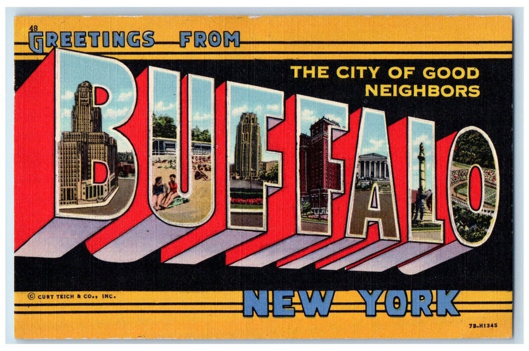 c1940's Greetings from Buffalo NY Large Letters Multiview Unposted Postcard