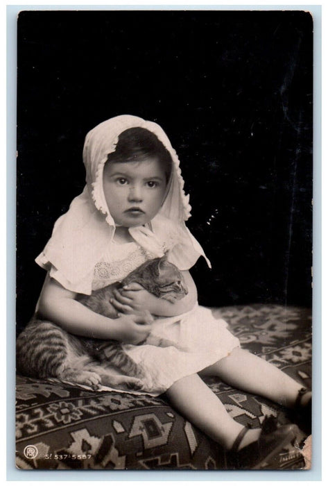 c1910's Cute Little Girl With Her Cat Latvia Russia Antique RPPC Photo Postcard