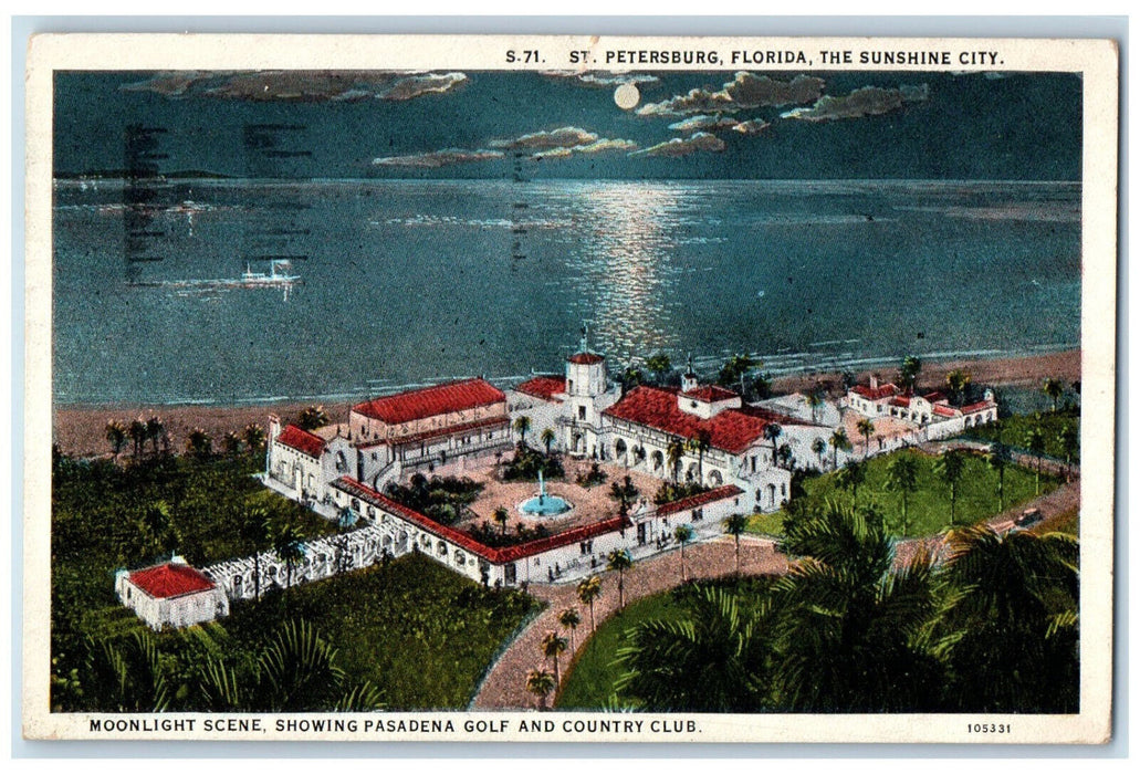 1938 Moonlight Scene Showiung Pasadena Golf St. Petersburg Florida FL Postcard
