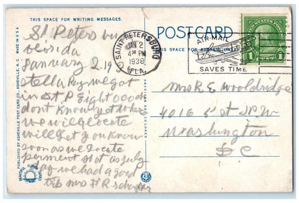1938 Moonlight Scene Showiung Pasadena Golf St. Petersburg Florida FL Postcard