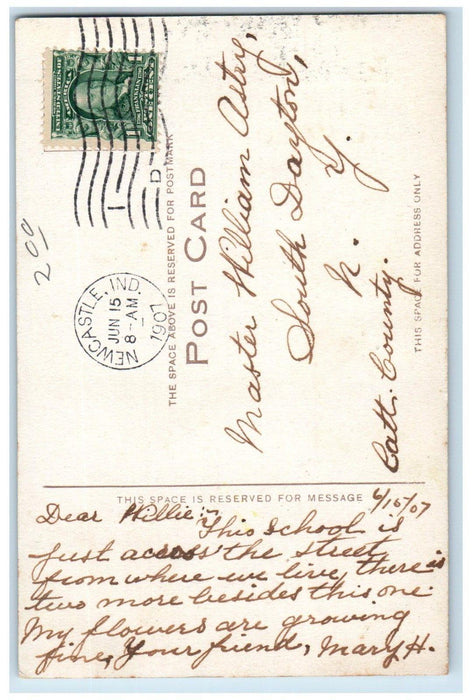 1907 High School Building New Castle Indiana IN Antique Posted Postcard