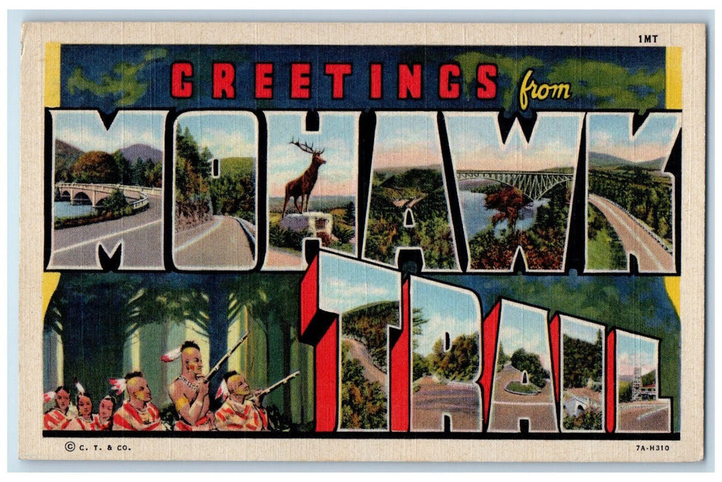 c1950's Tribal Men Women Greetings from Mohawk Trail NY Large Letters Postcard