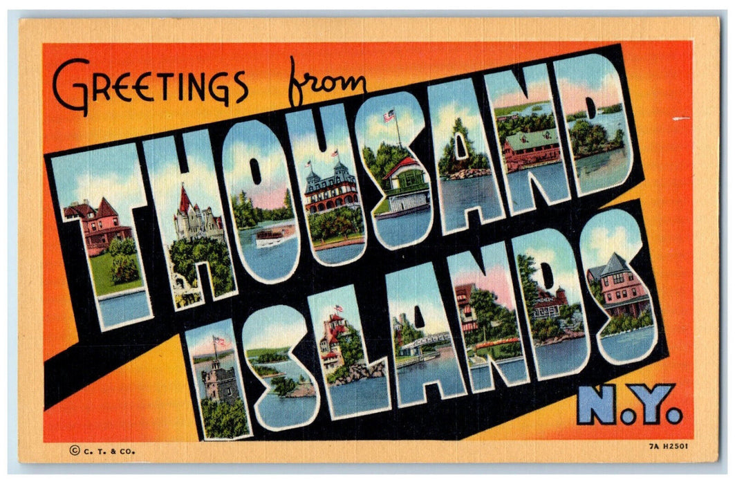 c1940's Greetings from Thousand Islands NY Large Letters Vintage Postcard