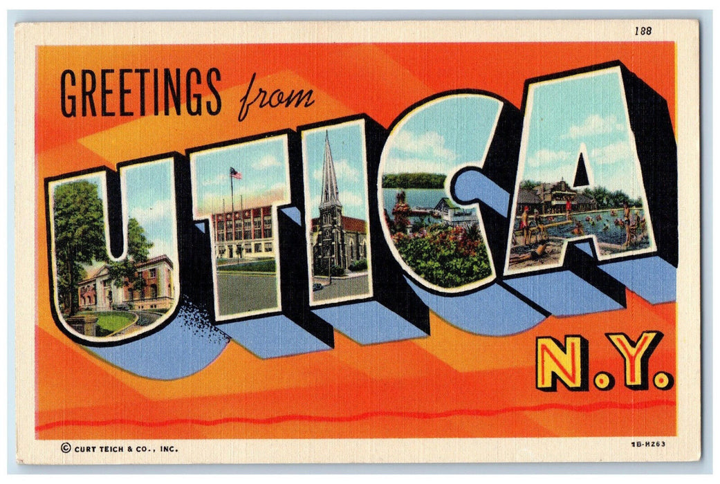 c1940's Greetings from Utica NY Large Letters Multiview Unposted Postcard