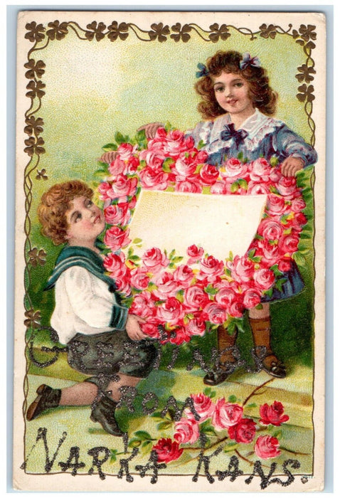 c1910 Greetings From Narka Glitter Embossed Children Flowers Kansas KS Postcard