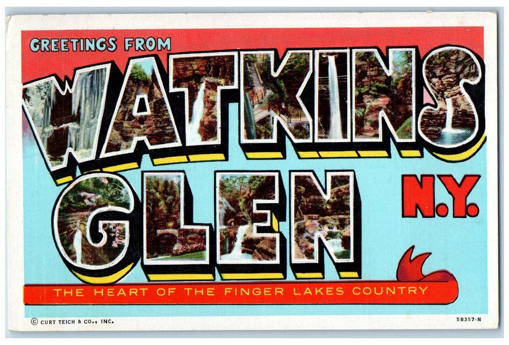 c1950's Greetings from Watkins Glen NY Large Letters Falls Multiview Postcard